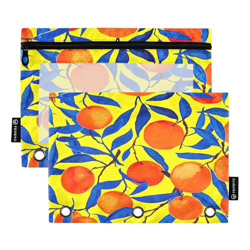 RPLIFE Federmäppchen für 3-Ring-Ordner, 2 Stück, 3-Ring-Beutel, Schulzubehör, 24,9 x 17,8 cm (Einheitsgröße), Orangen, Zweig, blaue Blätter, Gelb von RPLIFE