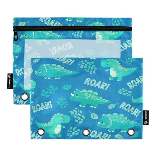 RPLIFE Federmäppchen für 3-Ring-Ordner, 2 Stück, 3-Ring-Beutel, Schulzubehör, 24,9 x 17,8 cm (Einheitsgröße), niedliche Cartoon-Dinosaurier, Blaugrün von RPLIFE