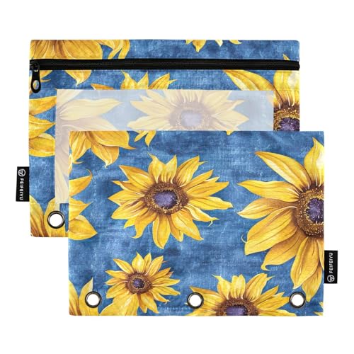 RPLIFE Federmäppchen für 3-Ring-Ordner, 2 Stück, 3-Ring-Stoffbindertasche, Schulbedarf, 24,9 x 17,8 cm (Einheitsgröße), gelbe Sonnenblumen, Blau von RPLIFE