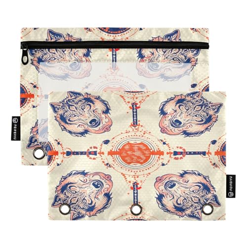 RPLIFE Federmäppchen für 3-Ring-Ordner, 2 Stück, 3-Ring-Tuch-Reißverschlusstasche, Schulzubehör, 24,9 x 17,8 cm (Einheitsgröße), ethnischer Wolf von RPLIFE