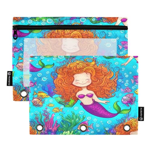 RPLIFE Federmäppchen für 3-Ring-Ordner, 2 Stück, 3-Ring-Tuch-Reißverschlusstasche, Schulzubehör, 24,9 x 17,8 cm (Einheitsgröße), niedliche Unterwasser-Meerjungfrau-Blau von RPLIFE