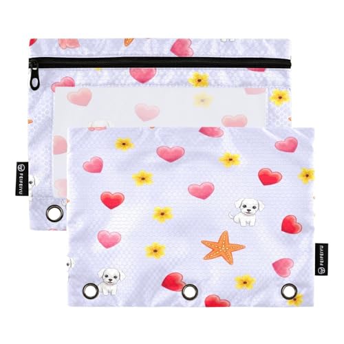 RPLIFE Federmäppchen für 3-Ring-Ordner, 2 Stück, 3-Ring-Tuch-Reißverschlusstasche, Schulzubehör, 24,9 x 17,8 cm (Einheitsgröße), niedlicher weißer Hund von RPLIFE