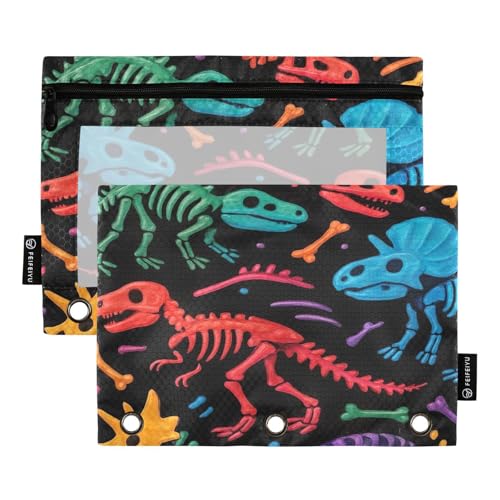 RPLIFE Federmäppchen für 3-Ring-Ordner, 2 Stück, Federmäppchen mit Kunststofffenster, Schulbedarf, 24,9 x 17,8 cm, bunte Dinosaurier-Skelette, Knochen von RPLIFE