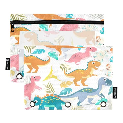 RPLIFE Federmäppchen für 3-Ring-Ordner, 2 Stück, Stoff-Bleistift-Reißverschlusstasche, Schulzubehör, 24,9 x 17,8 cm (Einheitsgröße), bunte Dinosaurier von RPLIFE