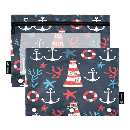 RPLIFE Federmäppchen für 3-Ring-Ordner, 2 Stück, Stoff-Bleistifttasche mit 3 Ringen, Schulbedarf, 24,9 x 17,8 cm (Einheitsgröße), Leuchttürme, Blau von RPLIFE