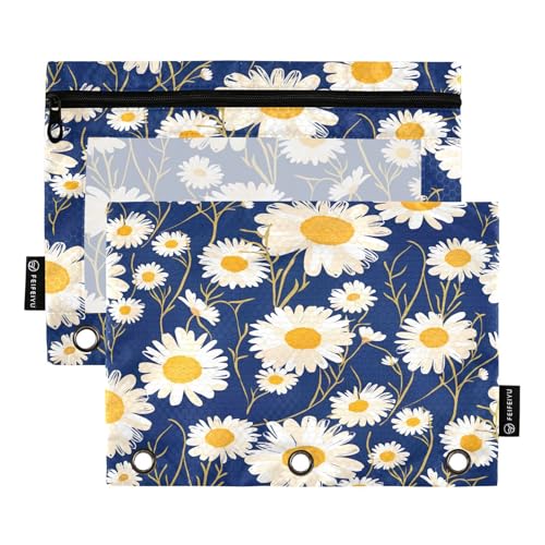 RPLIFE Federmäppchen für 3-Ring-Ordner, 2 Stück, Stoff-Bleistifttasche mit Reißverschluss, Schulbedarf, 24,9 x 17,8 cm (Einheitsgröße), weiße Gänseblümchen, Marineblau von RPLIFE