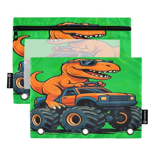 RPLIFE Federmäppchen für 3-Ring-Ordner, 2 Stück, Stoff-Reißverschluss, Schulzubehör, 24,9 x 17,8 cm (Einheitsgröße), orangefarbener Cartoon-Dinosaurier-Grün von RPLIFE