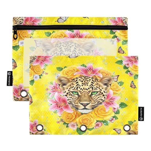 RPLIFE Federmäppchen für 3-Ring-Ordner, 2 Stück, Stoff-Reißverschlusstasche, Schulzubehör, 24,9 x 17,8 cm (Einheitsgröße), verspielte Leoparden-grüne Augen, Gelb von RPLIFE