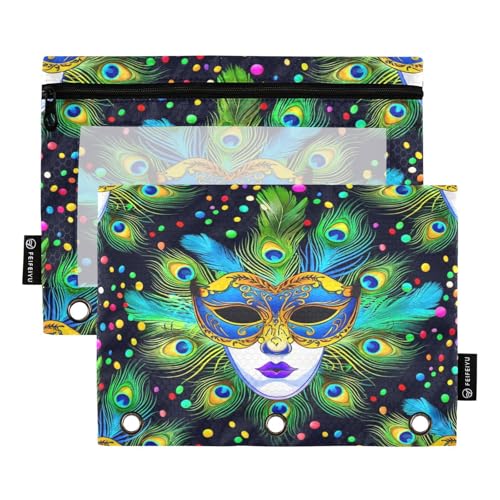 RPLIFE Federmäppchen für 3-Ring-Ordner, 2 Stück, große PVC-Beutel, Schulbedarf, 24,9 x 17,8 cm (Einheitsgröße), blau-grüne Masken, Federn von RPLIFE