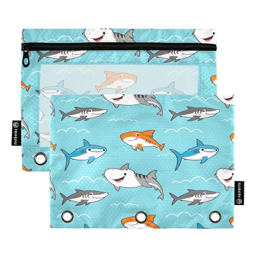 RPLIFE Federmäppchen für 3-Ring-Ordner, 2 Stück, mit Reißverschluss, transparentes Fenster, Schulbedarf, 24,9 x 17,8 cm, niedliche Haie, Blau von RPLIFE