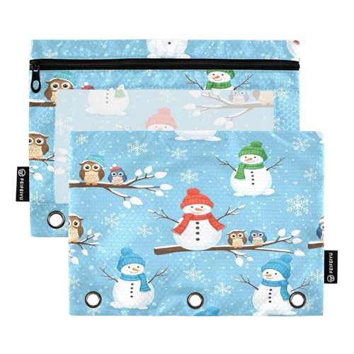 RPLIFE Federmäppchen für 3-Ring-Ordner, 2 Stück, mit Reißverschluss, transparentes Fenster, Schulbedarf, 24,9 x 17,8 cm, niedliche Schneemänner, Hüte, Schals von RPLIFE