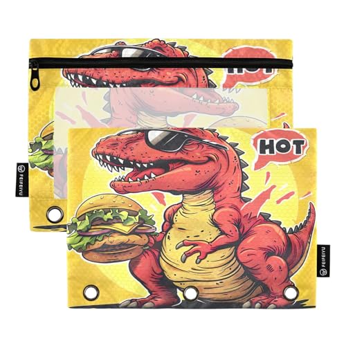 RPLIFE Federmäppchen für 3-Ring-Ordner, 2 Stück, mit Reißverschluss, transparentes Fenster, Schulbedarf, 24,9 x 17,8 cm, roter Dinosaurier-Hamburger, Gelb von RPLIFE