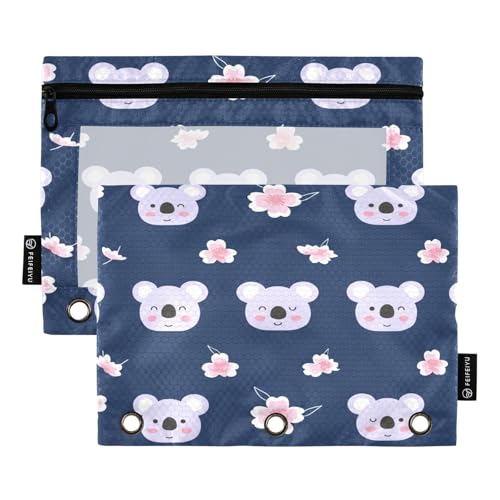 RPLIFE Federmäppchen für 3-Ring-Ordner, 2 Stück, weiche, große Reißverschlusstasche, Schulbedarf, 24,9 x 17,8 cm, Kawaii-Koala-Blumenmuster, Blau von RPLIFE