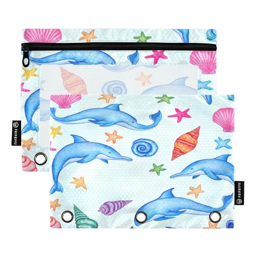 RPLIFE Federmäppchen für 3-Ring-Ordner, 2 Stück, weiche Ösen, für den Schulanfang, 24,9 x 17,8 cm, niedliche blaue Delfine, bunte Muscheln, Hellblau von RPLIFE