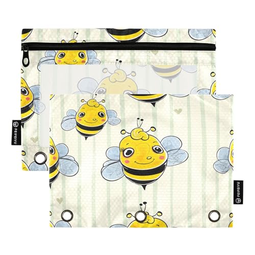 RPLIFE Federmäppchen für 3-Ring-Ordner, 2er-Pack, weiche Reißverschlusstasche mit Ösen, Schulbedarf, 24,9 x 17,8 cm, niedliche Bienen-Streifen von RPLIFE