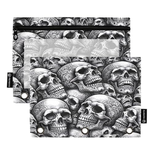 RPLIFE Federmäppchen für 3-Ring-Ordner, 2er-Pack, weiches Federmäppchen, flach, Schulbedarf, 24,9 x 17,8 cm, schwarz-weißer Totenkopf von RPLIFE