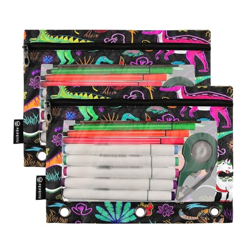 RPLIFE Federmäppchen für 3-Ring-Ordner, 2er-Pack, weiches flaches Federmäppchen mit Reißverschluss, für den Schulanfang, 24,9 x 17,8 cm, bunte Dinosaurier von RPLIFE