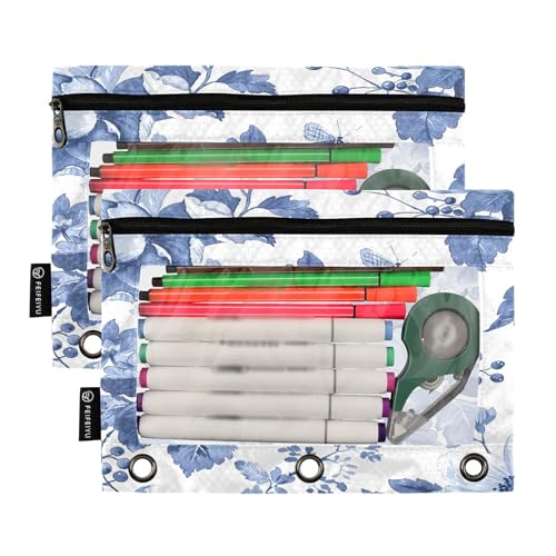 RPLIFE Federmäppchen für 3-Ring-Ordner, weiches Federmäppchen für 3-Ringordner, Schulbedarf, 24,9 x 17,8 cm, Blau und Weiß mit Blumenmuster von RPLIFE