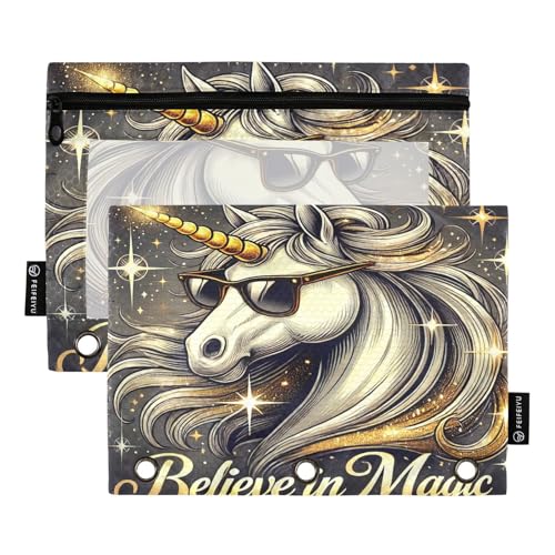 RPLIFE Federmäppchen für 3-Ringbuch, 2 Stück, 3-Ring-Beutel, Schulzubehör, 24,9 x 17,8 cm (Einheitsgröße), cooles Einhorn-Goldfunkeln von RPLIFE