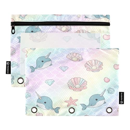 RPLIFE Federmäppchen für 3-Ringbuch, 2 Stück, 3-Ring-Beutel, Schulzubehör, 24,9 x 17,8 cm (Einheitsgröße), niedliche Cartoon-Narwale von RPLIFE