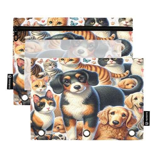 RPLIFE Federmäppchen für 3-Ringbuch, 2 Stück, 3-Ring-Beutel, Schulzubehör, 24,9 x 17,8 cm (Einheitsgröße), niedliche Hunde und Katzen von RPLIFE