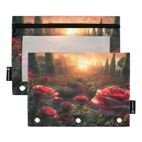 RPLIFE Federmäppchen für 3-Ringbuch, 2 Stück, 3-Ring-Beutel, Schulzubehör, 24,9 x 17,8 cm (Einheitsgröße), schöner Rosengarten von RPLIFE