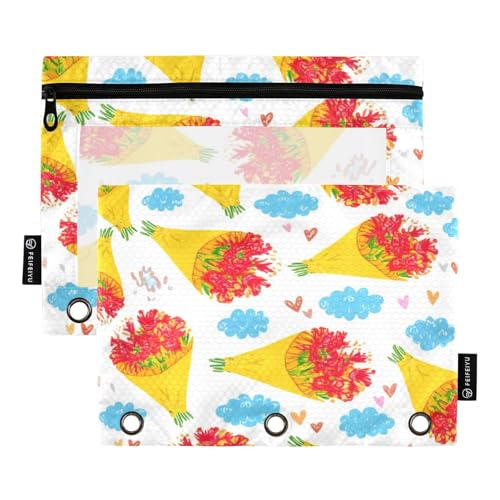 RPLIFE Federmäppchen für 3-Ringbuch, 2 Stück, 3-Ring-Stoff-Bleistifttasche, Schulzubehör, 24,9 x 17,8 cm (Einheitsgröße), Blumensträuße rote Blumen von RPLIFE