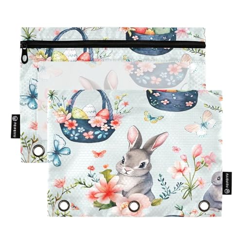 RPLIFE Federmäppchen für 3-Ringbuch, 2 Stück, 3-Ring-Stoff-Bleistifttasche, Schulzubehör, 24,9 x 17,8 cm (Einheitsgröße), Osterkörbe, Blumen, Kaninchen von RPLIFE