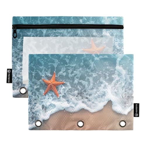 RPLIFE Federmäppchen für 3-Ringbuch, 2 Stück, 3-Ring-Stoff-Bleistifttasche, Schulzubehör, 24,9 x 17,8 cm (Einheitsgröße), Strand-Seestern von RPLIFE