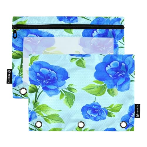 RPLIFE Federmäppchen für 3-Ringbuch, 2 Stück, 3-Ring-Stoff-Bleistifttasche, Schulzubehör, 24,9 x 17,8 cm (Einheitsgröße), blaue Blumen, grüne Blätter von RPLIFE