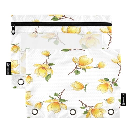 RPLIFE Federmäppchen für 3-Ringbuch, 2 Stück, 3-Ring-Stoff-Bleistifttasche, Schulzubehör, 24,9 x 17,8 cm (Einheitsgröße), gelbe Magnolien-Blumen von RPLIFE