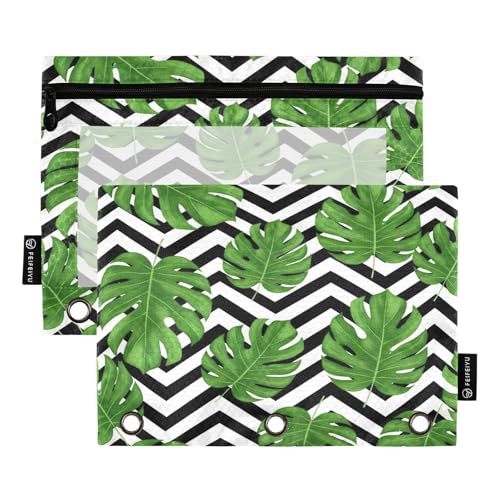 RPLIFE Federmäppchen für 3-Ringbuch, 2 Stück, 3-Ring-Stoff-Bleistifttasche, Schulzubehör, 24,9 x 17,8 cm (Einheitsgröße), grüne tropische Blätter, geometrischer Zickzack von RPLIFE