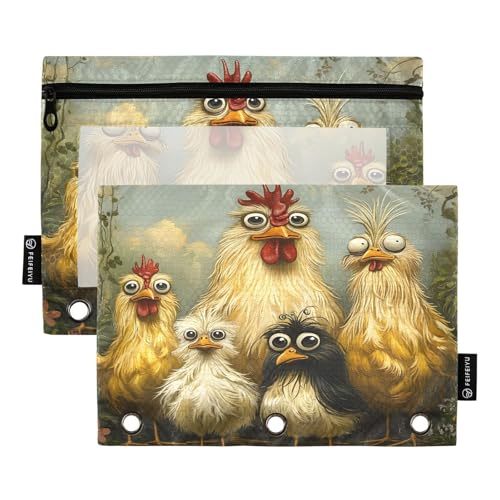 RPLIFE Federmäppchen für 3-Ringbuch, 2 Stück, 3-Ring-Stoff-Bleistifttasche, Schulzubehör, 24,9 x 17,8 cm (Einheitsgröße), lustige Hühner von RPLIFE