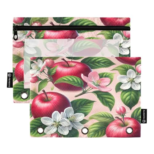 RPLIFE Federmäppchen für 3-Ringbuch, 2 Stück, 3-Ring-Stoff-Bleistifttasche, Schulzubehör, 24,9 x 17,8 cm (Einheitsgröße), rote Äpfel, blühende Blumen von RPLIFE