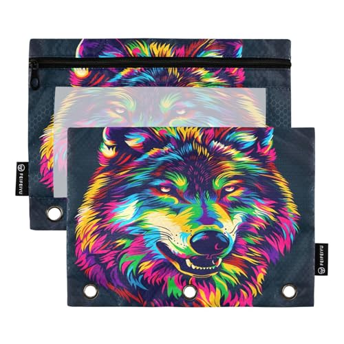 RPLIFE Federmäppchen für 3-Ringbuch, 2 Stück, Stoff-Bleistifttasche, Schulzubehör, 24,9 x 17,8 cm (Einheitsgröße), Aquarell-Wolfkopf-Druck von RPLIFE