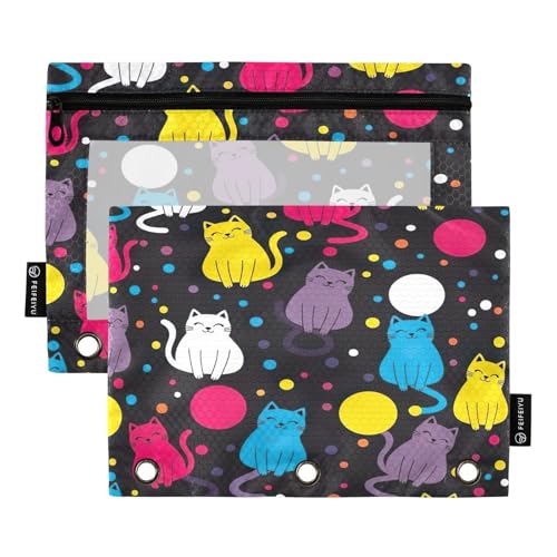 RPLIFE Federmäppchen für 3-Ringbuch, 2 Stück, Stoff-Bleistifttasche, Schulzubehör, 24,9 x 17,8 cm (Einheitsgröße), bunte Cartoon-Katzen von RPLIFE
