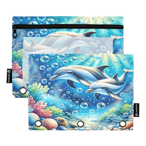 RPLIFE Federmäppchen für 3-Ringbuch, 2 Stück, Stoff-Bleistifttasche, Schulzubehör, 24,9 x 17,8 cm (Einheitsgröße), niedliche Delfine von RPLIFE