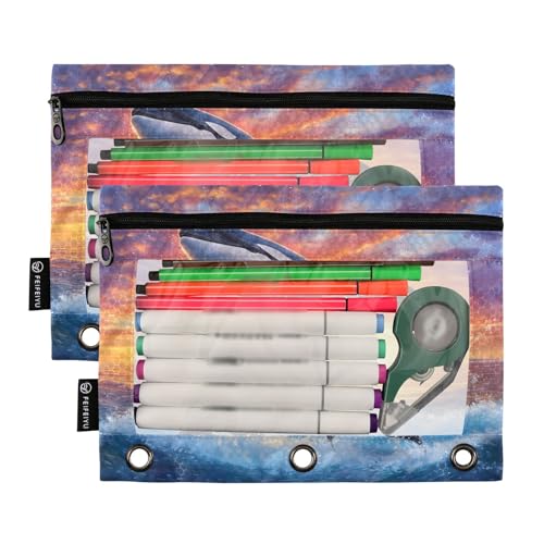 RPLIFE Federmäppchen für 3-Ringbuch, 2 Stück, Stoff-Reißverschluss, Schulzubehör, 24,9 x 17,8 cm (Einheitsgröße), Orca-Wal, springender Sonnenuntergang von RPLIFE