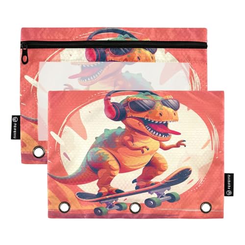 RPLIFE Federmäppchen für 3-Ringbuch, 2 Stück, Stoffbeutel mit Reißverschluss, Schulbedarf, 24,9 x 17,8 cm (Einheitsgröße), Cartoon-Dino mit Kopfhörern von RPLIFE
