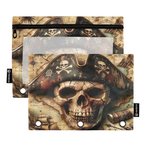 RPLIFE Federmäppchen für 3-Ringbuch, 2 Stück, mit Reißverschluss, transparentes Fenster, Schulbedarf, 24,9 x 17,8 cm, Piratenschädel-Schatzkarte von RPLIFE