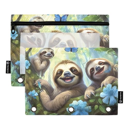 RPLIFE Federmäppchen für 3-Ringbuch, 2er-Pack, weiches Federmäppchen-Set, Schulbedarf, 24,9 x 17,8 cm, niedliche lächelnde Faultiere von RPLIFE