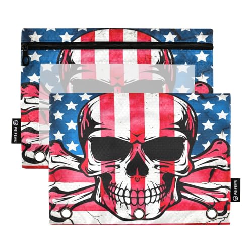 RPLIFE Federmäppchen für 3-Ringbuch, 2er-Pack, weiches flaches Federmäppchen mit Reißverschluss, Schulbedarf, 24,9 x 17,8 cm, Grunge-Totenkopf mit amerikanischer Flagge von RPLIFE