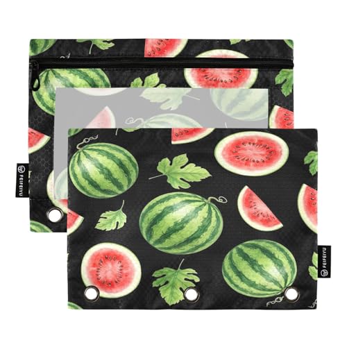 RPLIFE Federmäppchen für 3 Ringbücher mit transparentem Fenster, Wassermelonen-Motiv, grüne Blätter, 2 Stück, für Jungen, 24,8 x 17,8 cm (Einheitsgröße x 2) von RPLIFE
