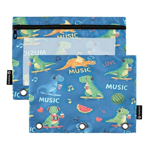 RPLIFE Federmäppchen für 3-Ringordner, 2 Stück, weiche, große Bindertaschen für 3-Ringbinder, Schulbedarf, 24,9 x 17,8 cm, Cartoon-Dinosaurier-Musik von RPLIFE