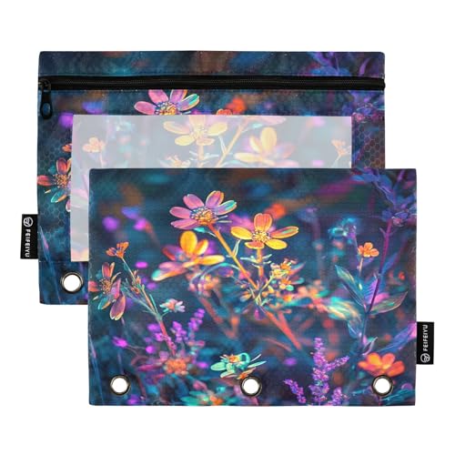 RPLIFE Federmäppchen für 3-Ringordner, 2 Stück, weiche, transparente Reißverschlusstaschen für Ordner, Schulbedarf, 24,9 x 17,8 cm, Neonblumen-Blau von RPLIFE