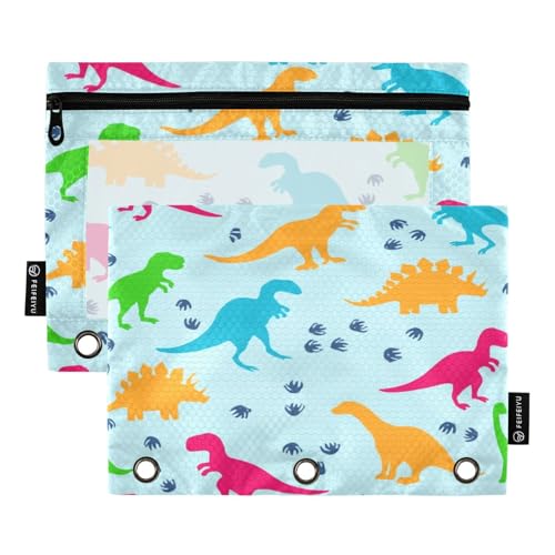 RPLIFE Federmäppchen für 3-Ringordner, 2 Stück, weiche, transparente Tasche mit Ösen, Zubehör für den Schulanfang, 24,9 x 17,8 cm, bunter Dinosaurier-Blau von RPLIFE