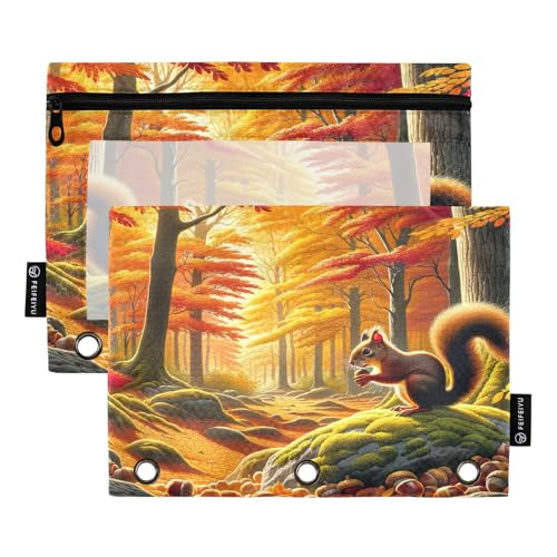 RPLIFE Federmäppchen für 3-Ringordner, 2 Stück, weiche Tasche für 3-Ringbuch, Schulbedarf, 24,9 x 17,8 cm, Herbst-Eichhörnchen im Wald von RPLIFE