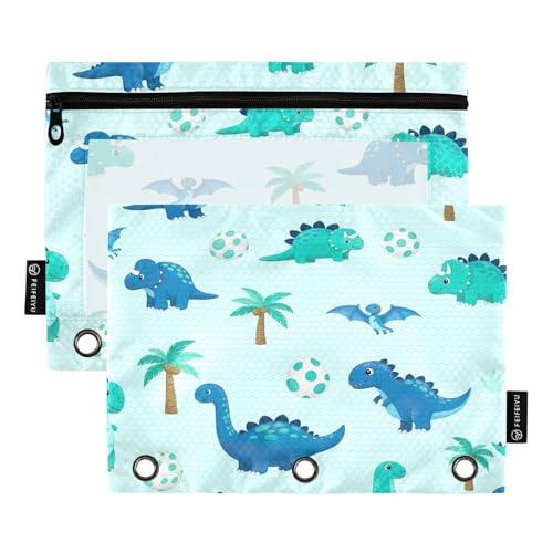 RPLIFE Federmäppchen für 3-Ringordner, 2er-Pack, weiches Federmäppchen für 3-Ringordner, Schulbedarf, 24,9 x 17,8 cm, niedliche blau-türkisfarbene Dinosaurier von RPLIFE