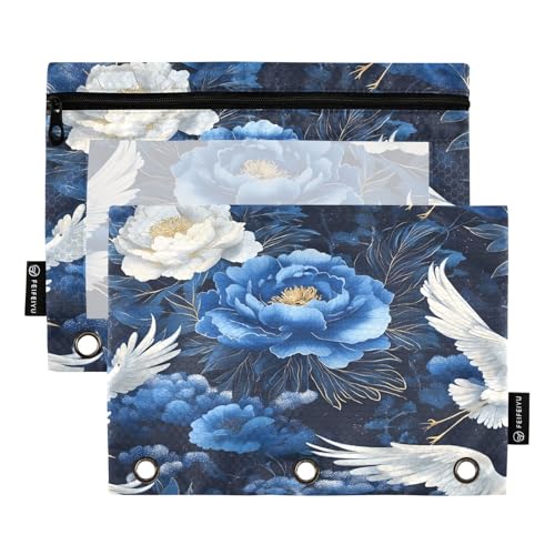 RPLIFE Federmäppchen für 3-Ringordner, 2er-Pack, weiches großes Federmäppchen für 3-Ringbuch, Schulbedarf, 24,9 x 17,8 cm, weiße Kraniche, blaue Pfingstrosen von RPLIFE