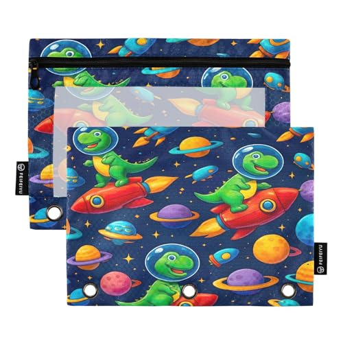 RPLIFE Federmäppchen für 3-Ringordner, weiche PVC-Ordnertasche, Schulbedarf, 24,9 x 17,8 cm, Cartoon-Dinosaurier, Raketen, Blau, 2 Stück von RPLIFE